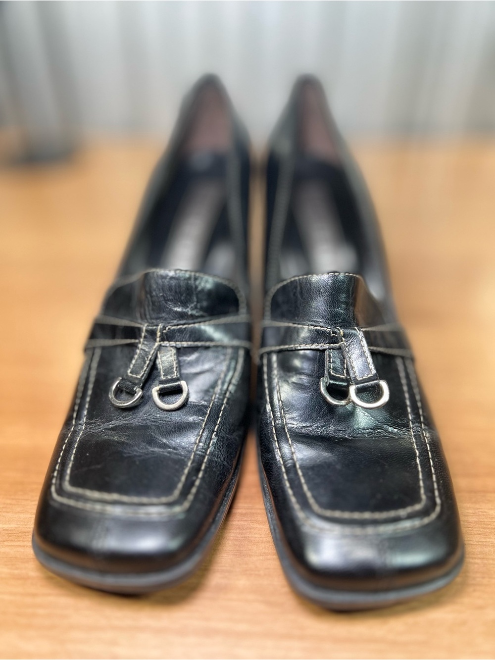Gianni Bini Black Leather Square Toe Heeled Loafers Size 7.5M
